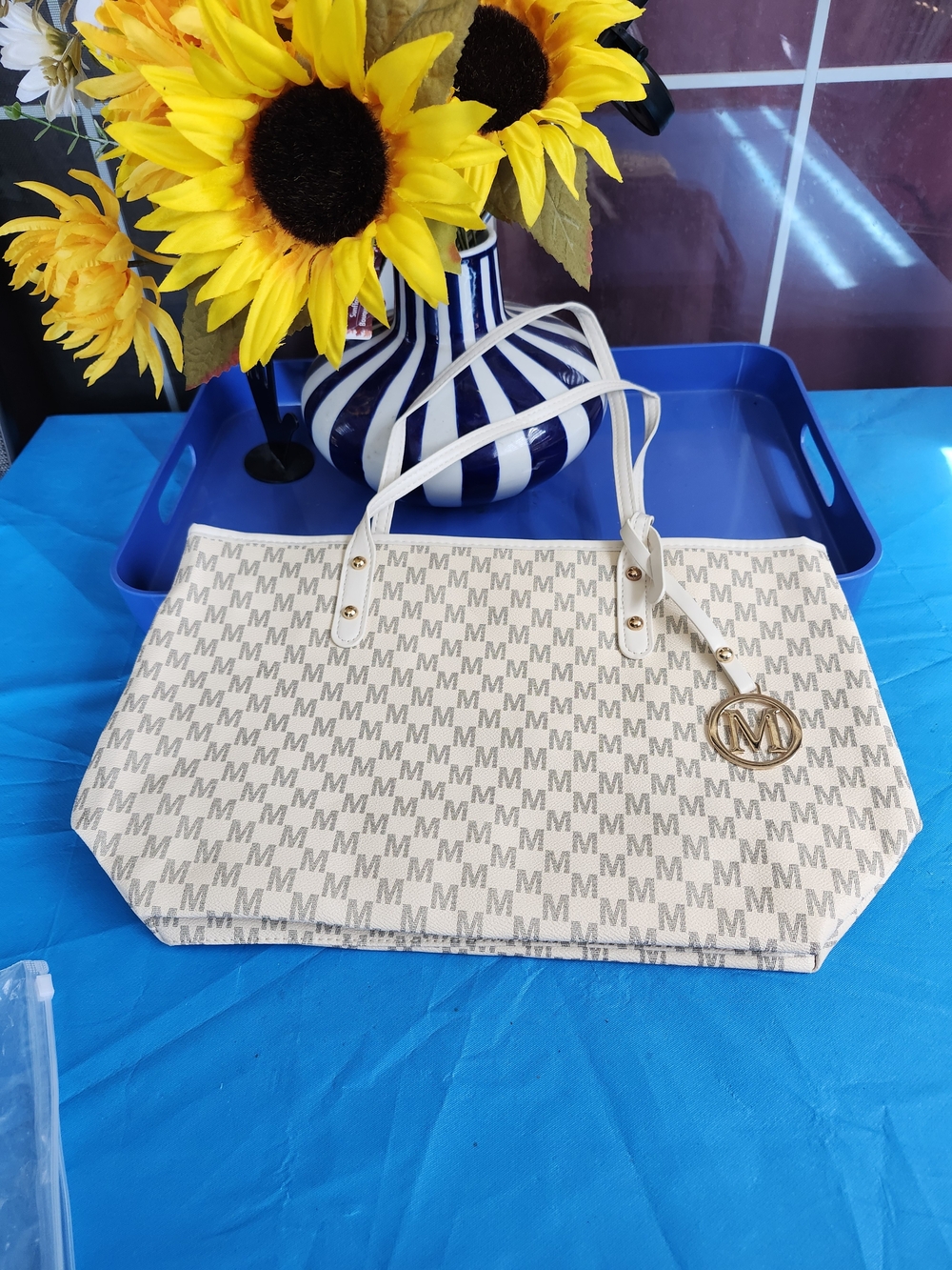Monogram White/ Grey Tote Bag with Gold Charm